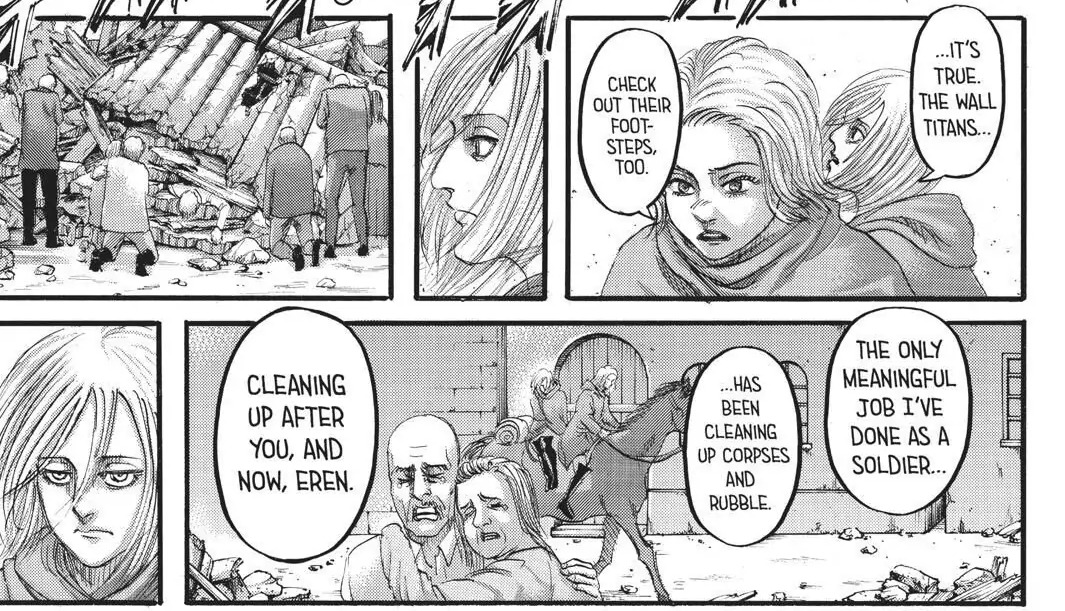snk 125, hitch: "the only meaning ful job i've done as a soldier has been cleaning up corpses and rubble. cleaning up after you, and now, eren."