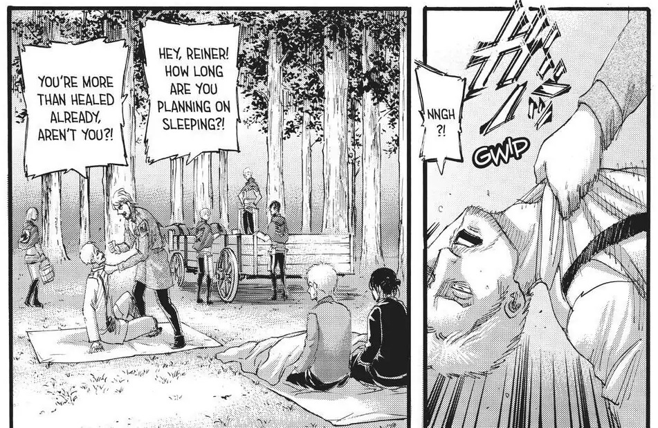 panel from 133, jean waking up reiner the morning after he beat the shit out of him