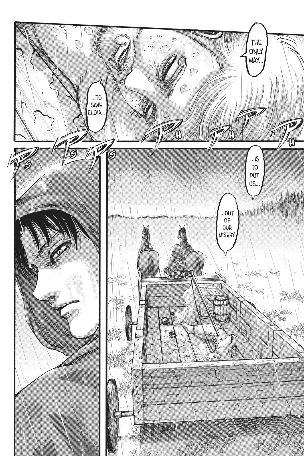 page from shingeki no kyojin chapter 114. zeke yeager is bound  with a thunder spear sticking out of his gut, laying in a horse-drawn cart driven by levi ackerman. dialogue: "the only way to save eldia is to put us out of our misery."