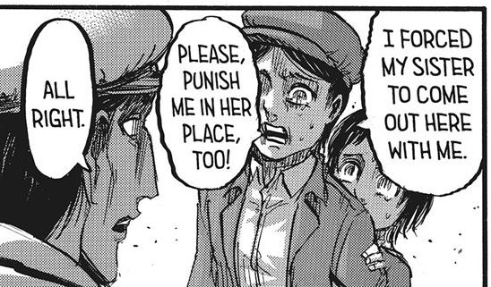 panel from shingeki no kyojin chapter 86. young grisha jaeger pleads with eren kruger. dialogue: "i forced my sister to come out here with me. please, punish me in her place, too!" "all right."