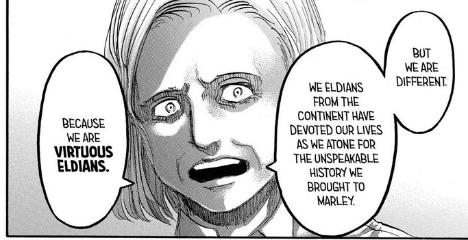 panel from shingeki no kyojin chapter 94. karina braun: "but we are different. we eldians from the continent have devoted our lives as we atone for the unspeakable history we brought to marley. because we are virtuous eldians."