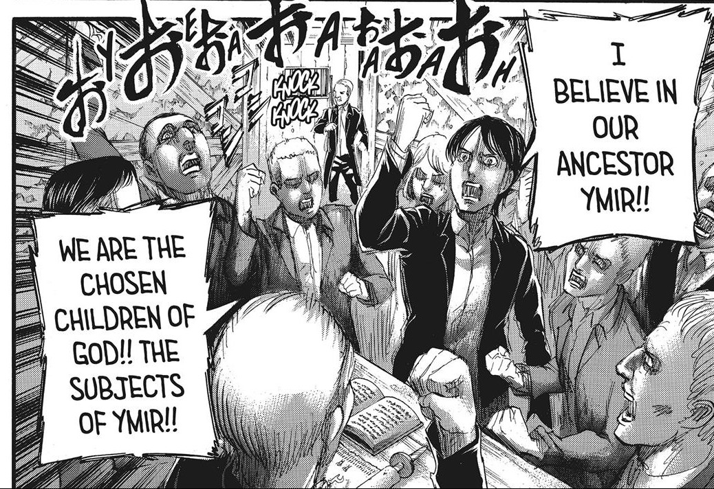 panel from snk chapter 86, grisha yeager with the eldian restorationists: "i believe in our ancestor ymir!! we are the chosen subjects of god!! the subjects of ymir!!"